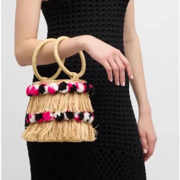 BTB Raffia Straw Round Pom Pom Bucket Bag New - Picture 1 of 8